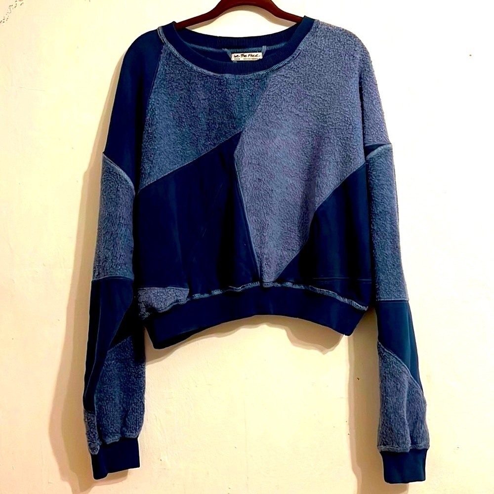 NWT Free People Pullover Sweatshirt Touch Of Gray Blue Patched Pierced Cropped